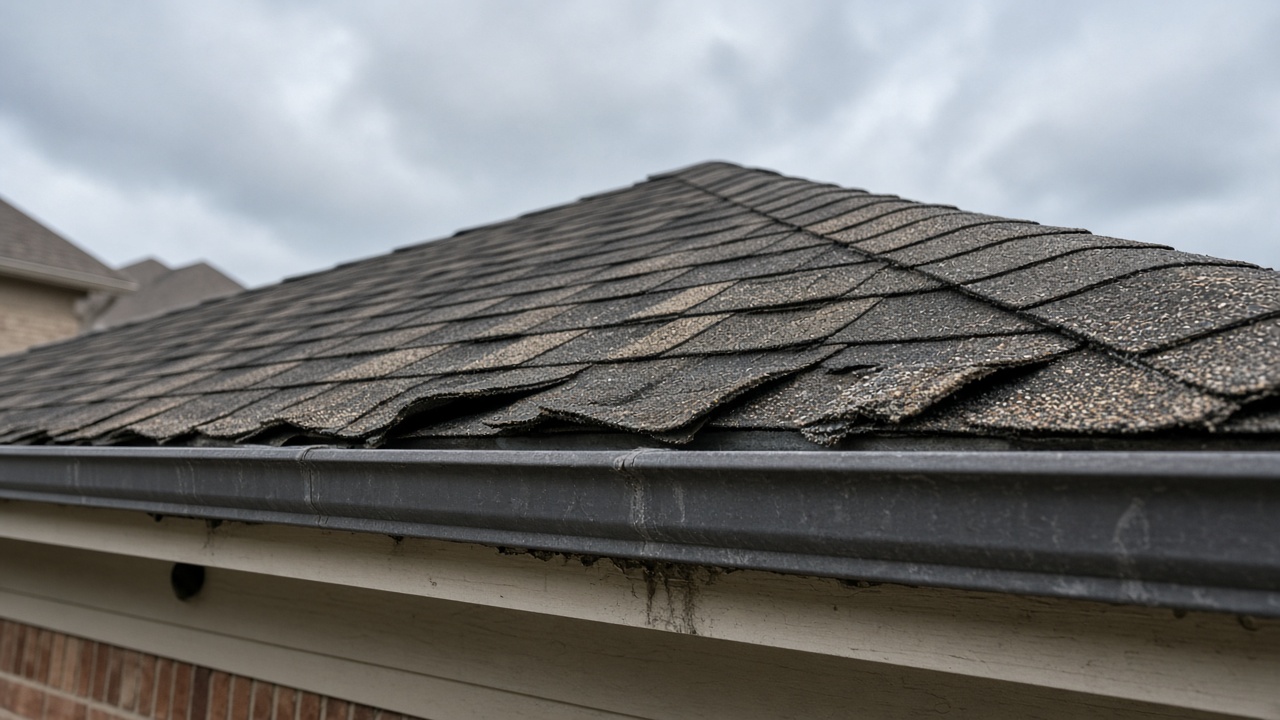 Illustrative example of aging asphalt shingles — not work performed by League City Roofing Estimates.