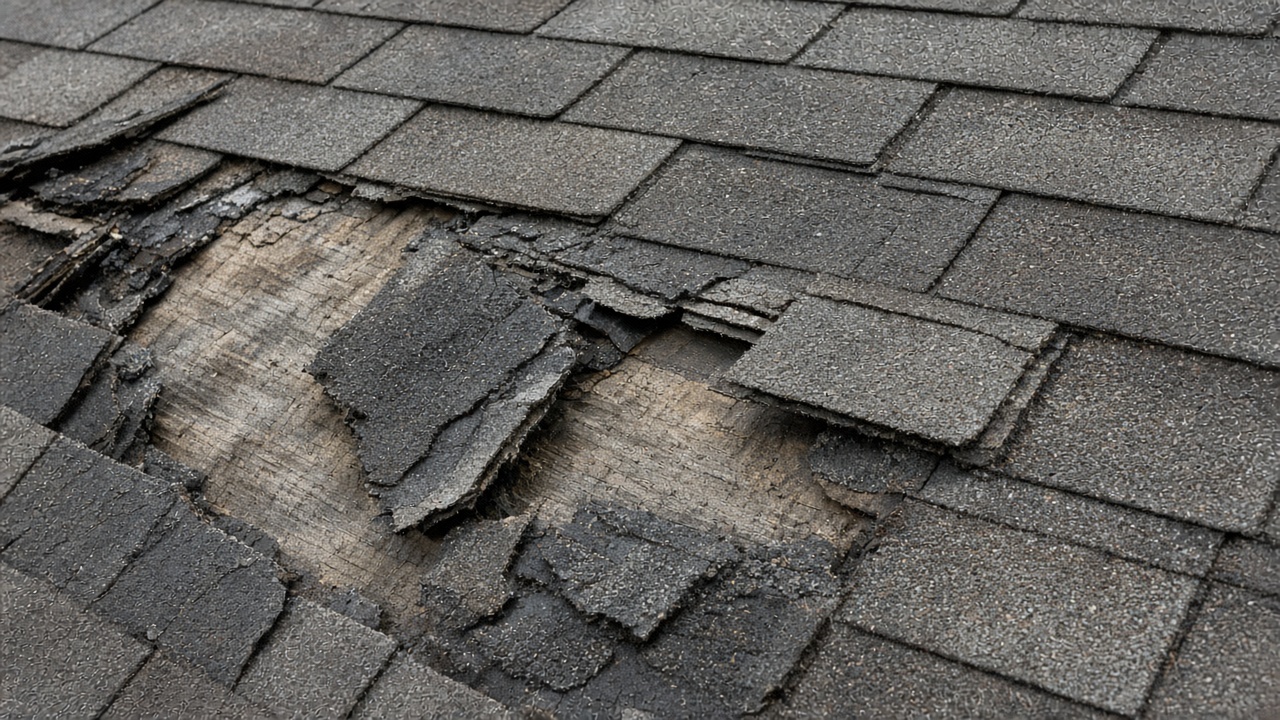 Illustrative example of missing asphalt shingles — not work performed by League City Roofing Estimates.